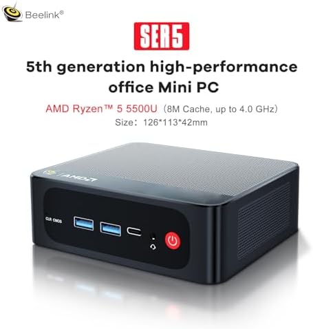 Beelink SER5 Mini PC, AMD Ryzen 5 5500U, 16GB DDR4 RAM, 500GB NVMe SSD, 4K Triple Display, WiFi 6, Ideal for Home Office