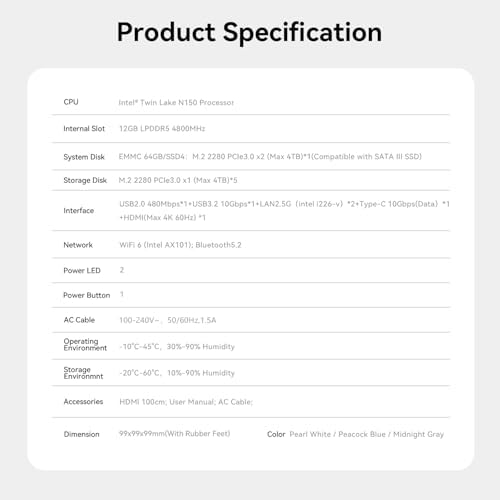 Beelink ME Mini PC, Intel N150 Processor, 12GB LPDDR5, Dual |5G LAN, 64GB eMMC + 2TB SSD, Ideal for Cloud Computing and