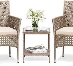 Greesum 3-Piece Patio Furniture Set | Modern Outdoor Wicker Dining | Perfect for Backyard Deck | Comfortable Rattan Chai